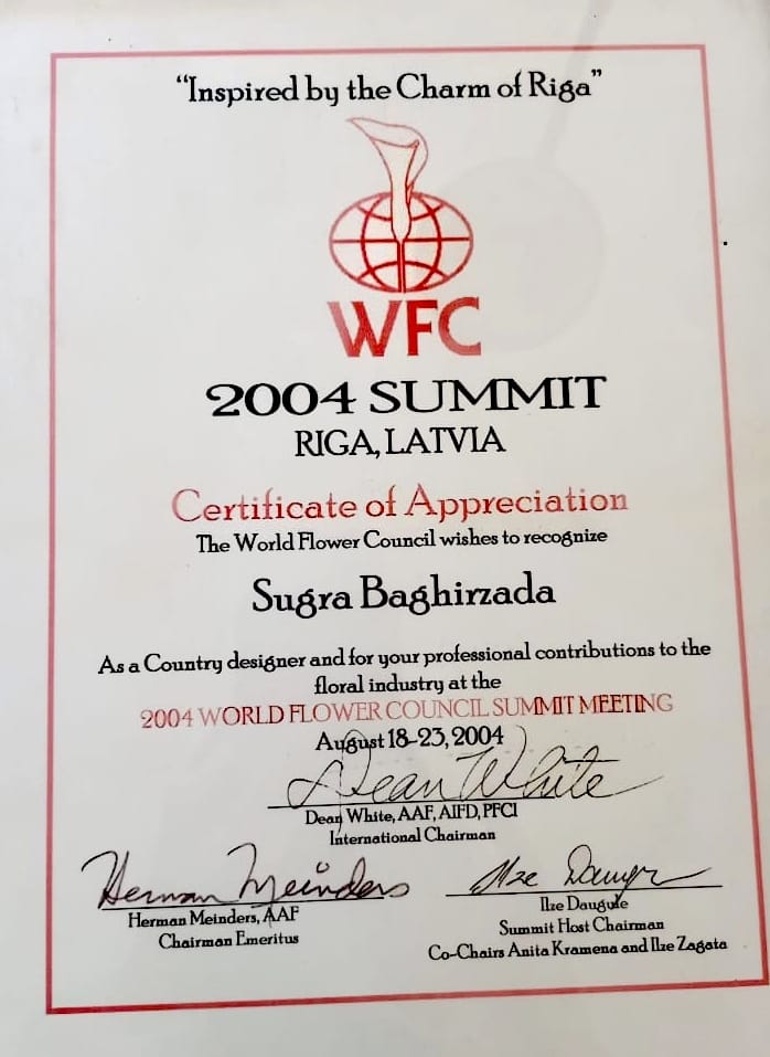 WORLD FLOWER COUNCIL SUMMIT MEETING-CERTIFICATE OF APPRECIATION